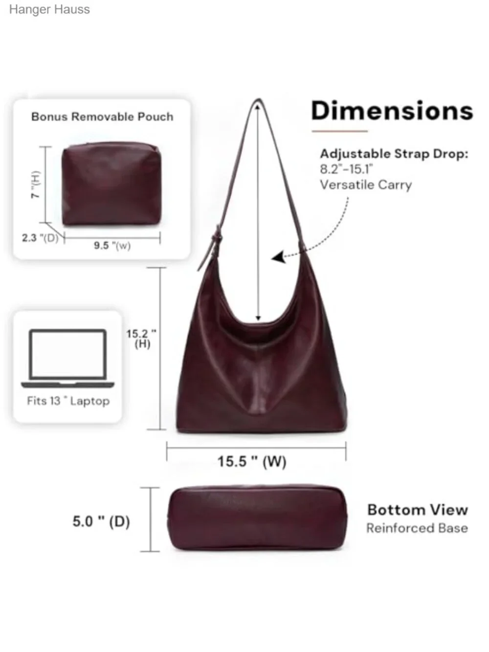 Vegan Leather Slouchy Hobo Shoulder Tote with Matching Pouch Laptop Bag